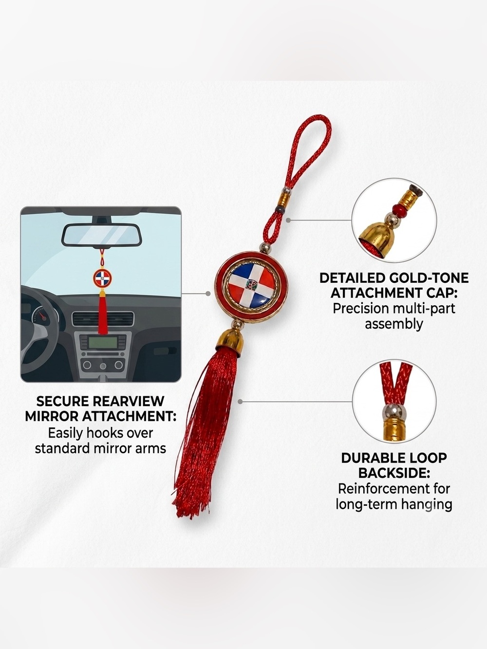 Red Dominican Flag Tassel Car Rearview Mirror Hanging Charm